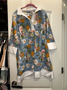 Anthropologie Blue Floral Collared Tunic Dress